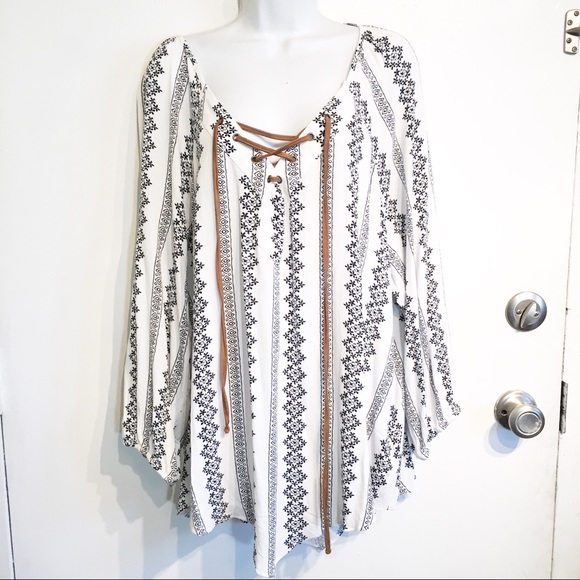 Tops - Plus Size Boho Southwestern Lace Up Top